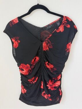 Y2K Black Top with Red Floral Ruched Front